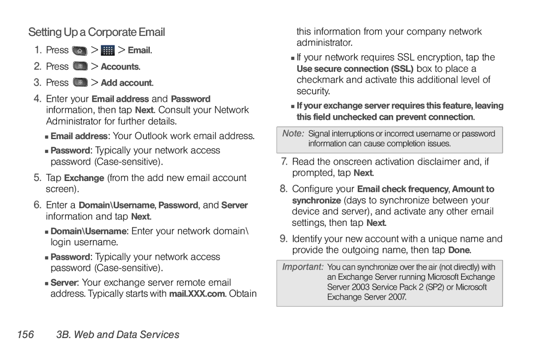 LG Electronics Optimus S manual Setting Up a Corporate Email, Press Email Press Accounts, 156 3B. Web and Data Services 