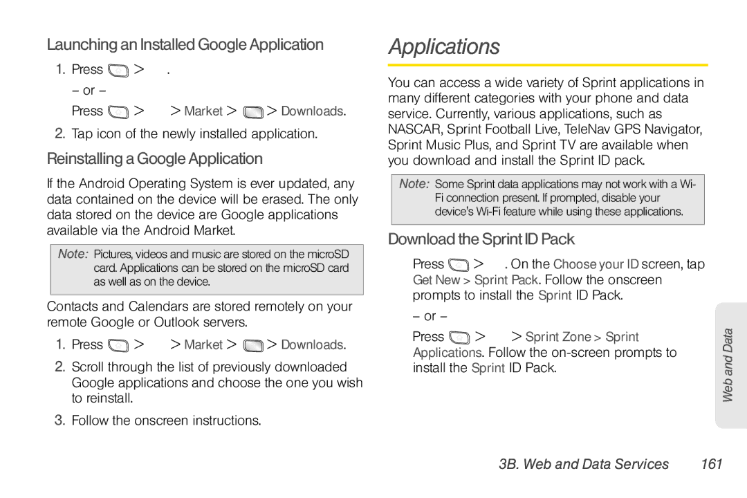 LG Electronics Optimus S manual Applications, Launching an Installed Google Application, Reinstalling a Google Application 