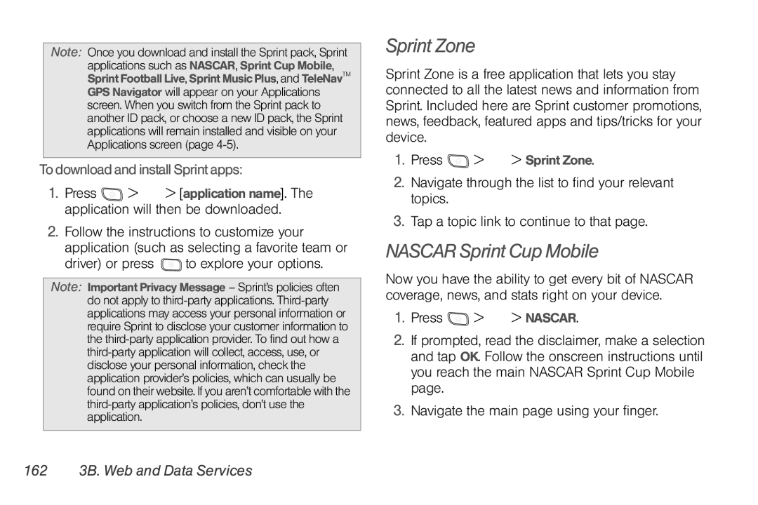 LG Electronics Optimus S manual Sprint Zone, Nascar Sprint Cup Mobile, To download and install Sprint apps 