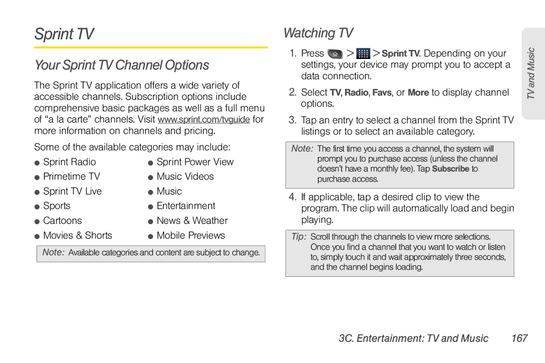 LG Electronics Optimus S manual Your Sprint TV Channel Options, Watching TV,  Sprint Radio 