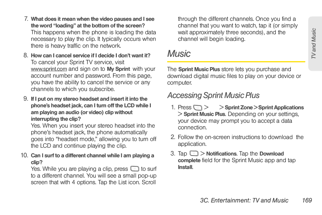 LG Electronics Optimus S manual Accessing Sprint Music Plus, 3C. Entertainment TV and Music 169 