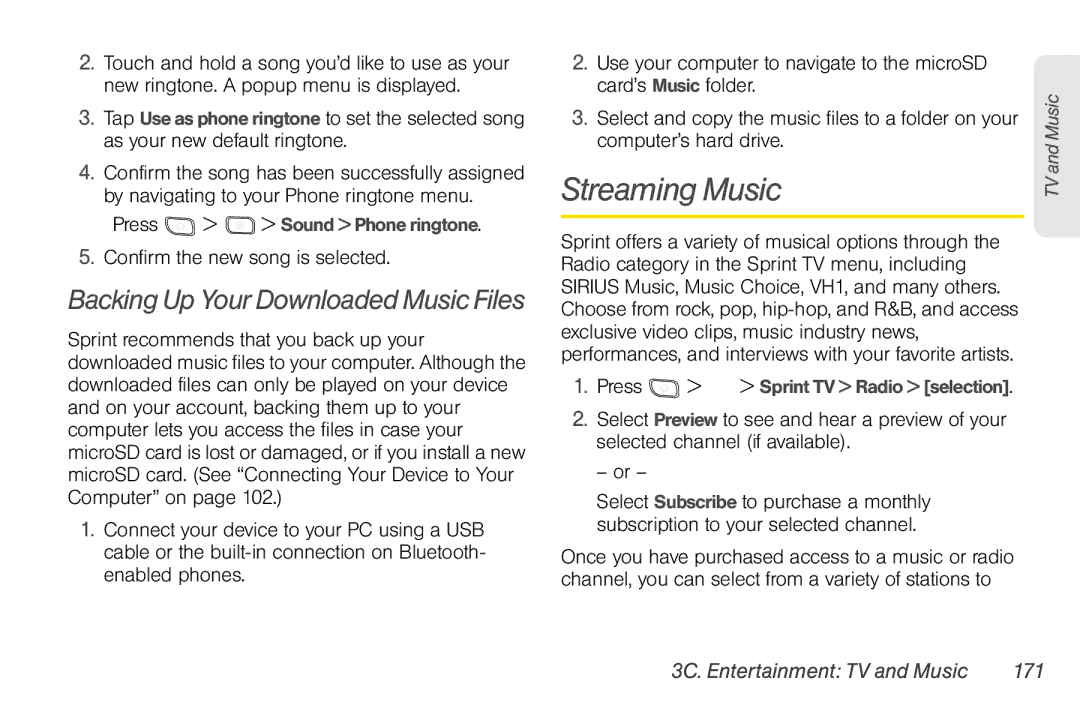 LG Electronics Optimus S manual Streaming Music, Confirm the new song is selected, 3C. Entertainment TV and Music 171 