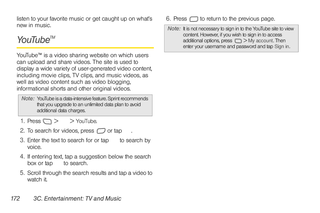 LG Electronics Optimus S manual YouTubeTM, 172 3C. Entertainment TV and Music 