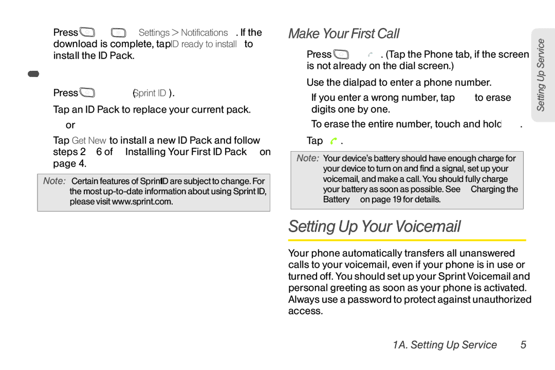 LG Electronics Optimus S manual Setting Up Your Voicemail, Make Your First Call, Switching ID Packs 