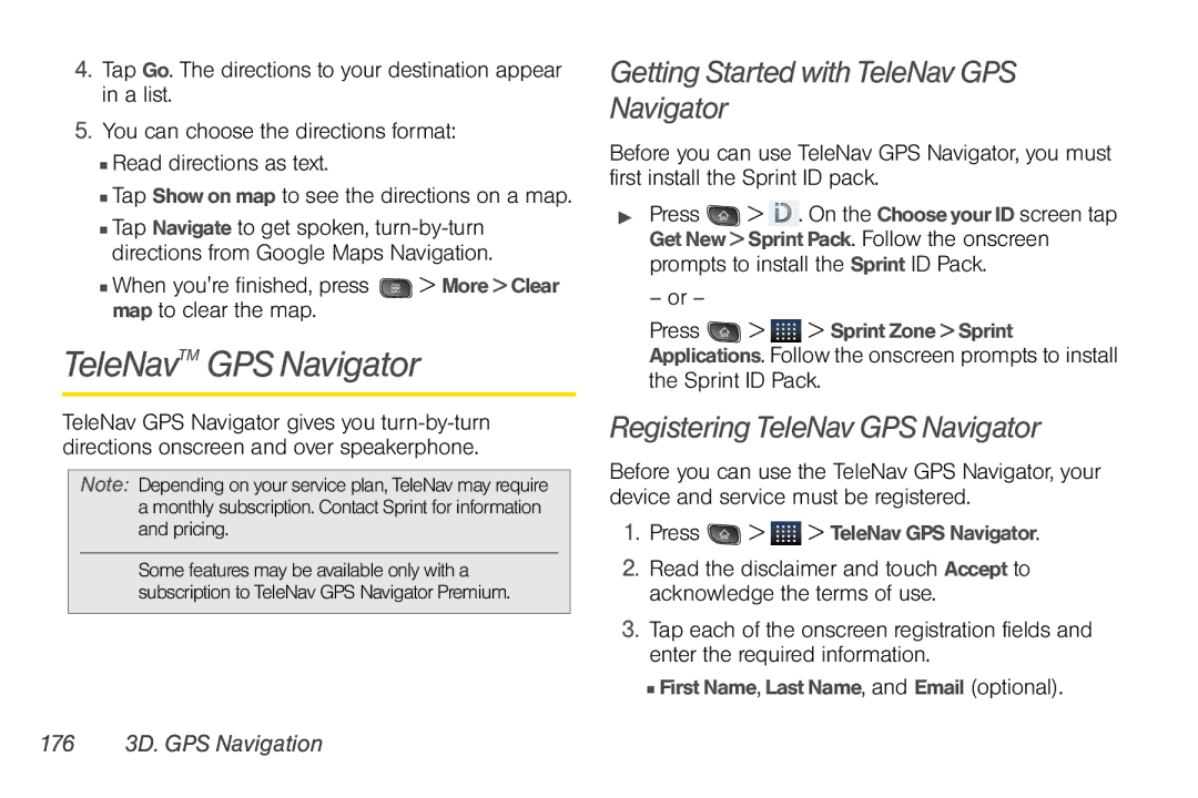 LG Electronics Optimus S manual TeleNavTM GPS Navigator, Getting Started with TeleNav GPS Navigator, 176 3D. GPS Navigation 