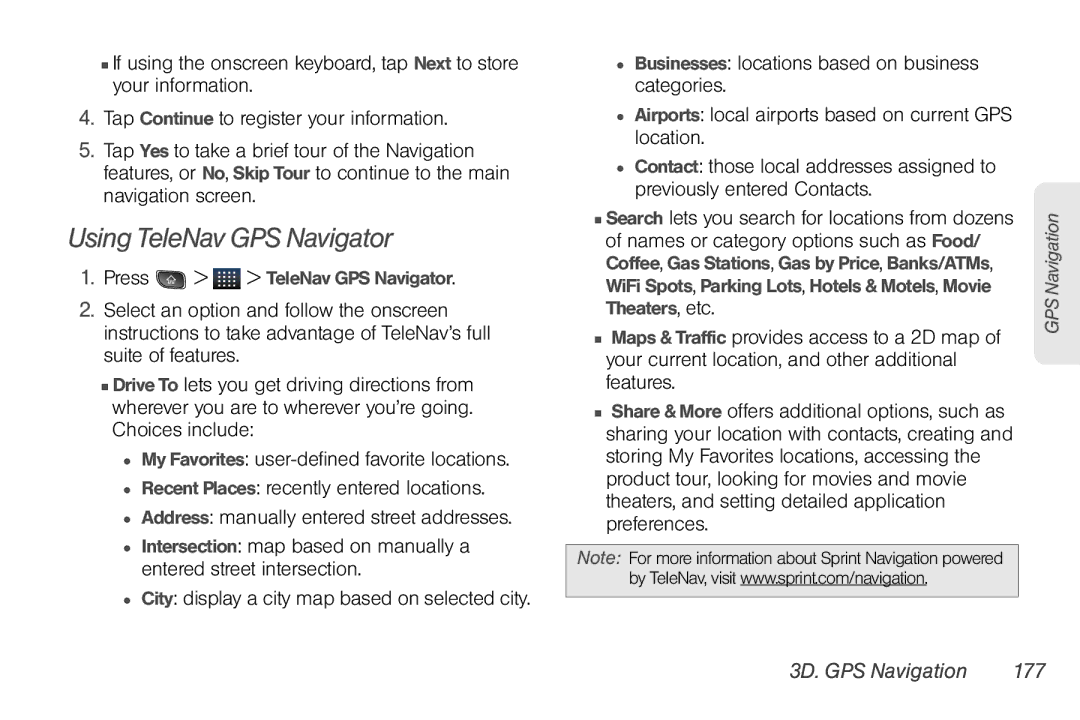 LG Electronics Optimus S manual Using TeleNav GPS Navigator, 3D. GPS Navigation 177 