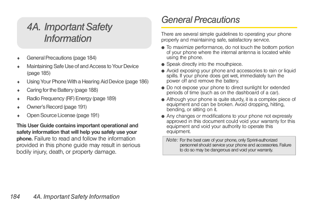 LG Electronics Optimus S manual General Precautions, 184 4A. Important Safety Information 