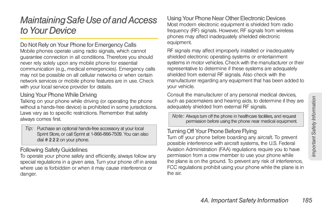 LG Electronics Optimus S manual MaintainingSafeUseofandAccess to Your Device, 4A. Important Safety Information 185 