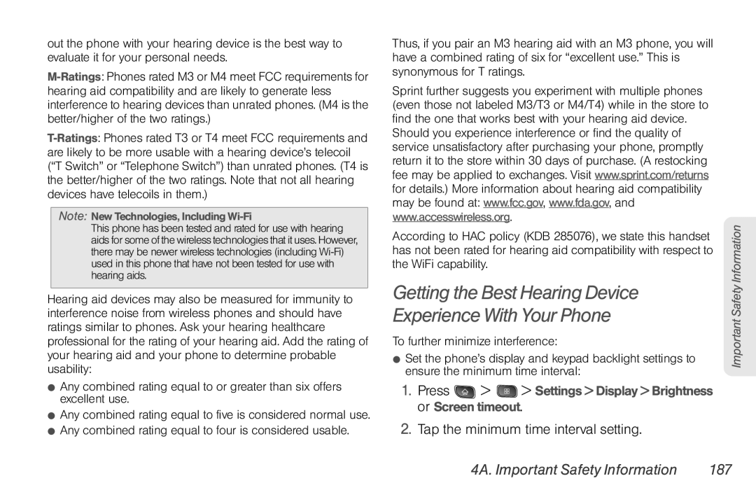 LG Electronics Optimus S manual Tap the minimum time interval setting, 4A. Important Safety Information 187 