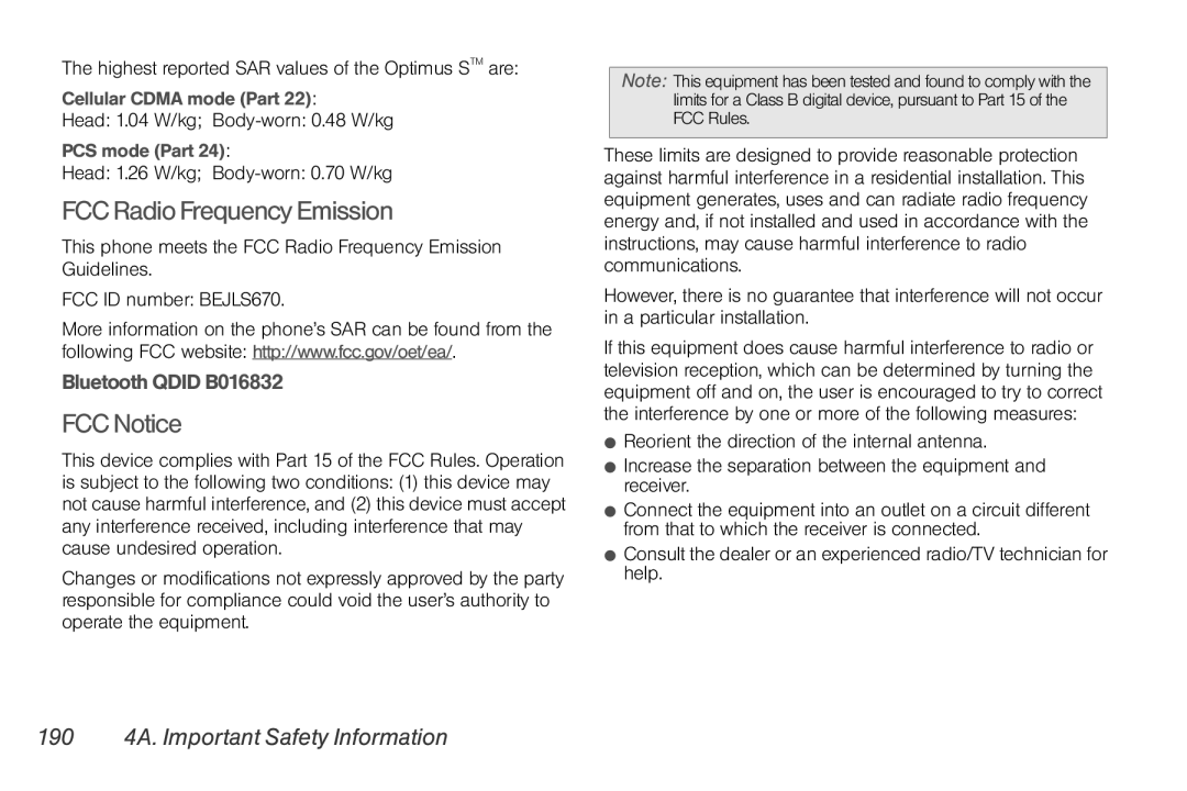 LG Electronics Optimus S manual FCC Radio Frequency Emission, FCC Notice, 190 4A. Important Safety Information 