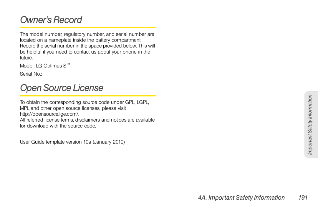 LG Electronics Optimus S manual Owner’s Record, Open Source License, 4A. Important Safety Information 191 