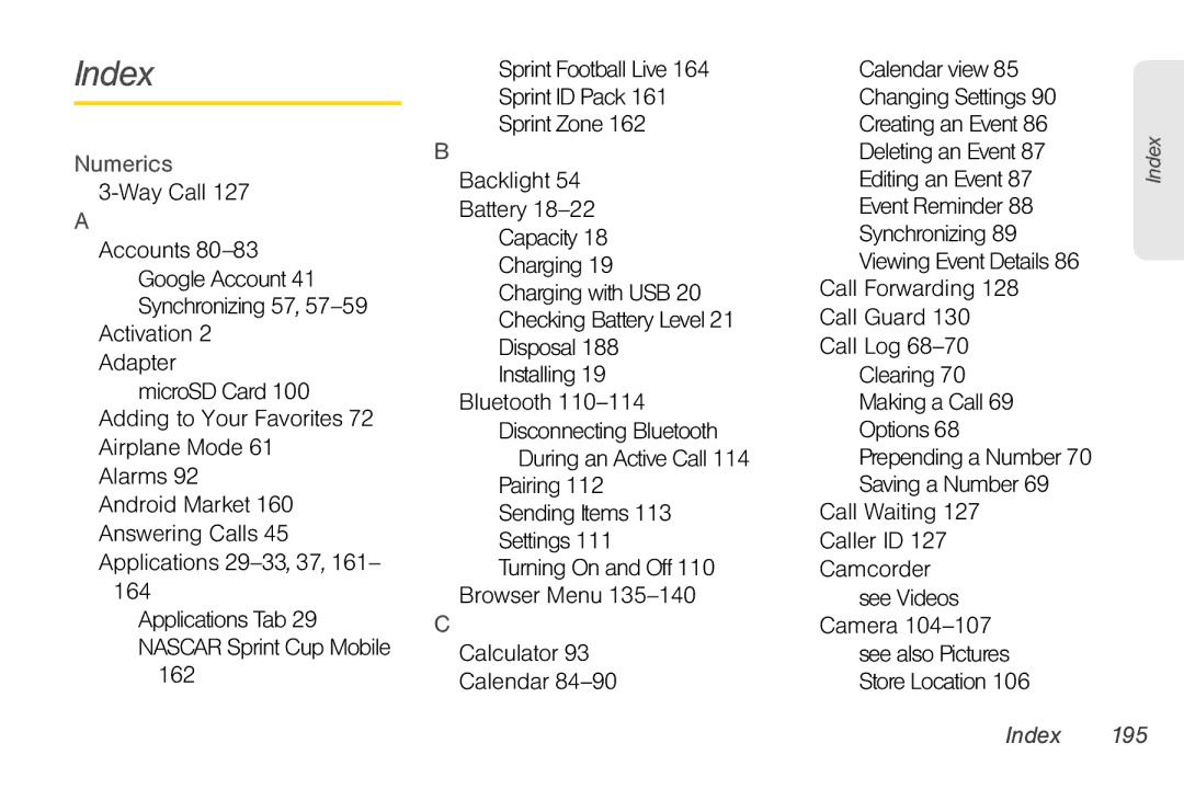 LG Electronics Optimus S manual Index, Numerics, Way Call 