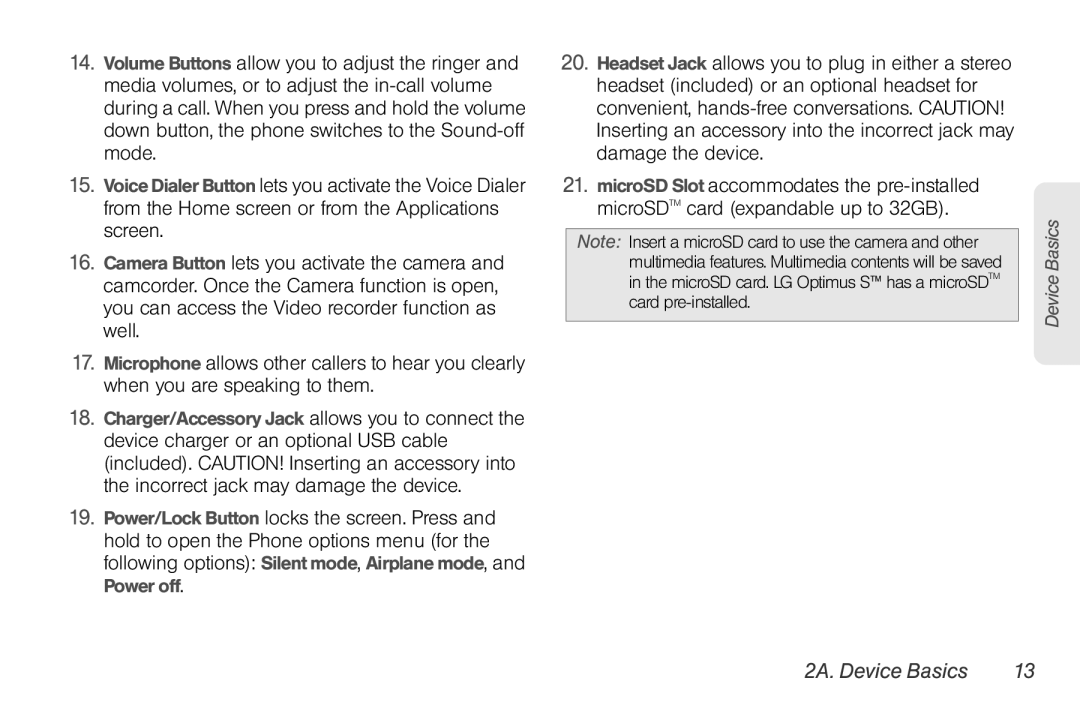 LG Electronics Optimus S manual 2A. Device Basics 