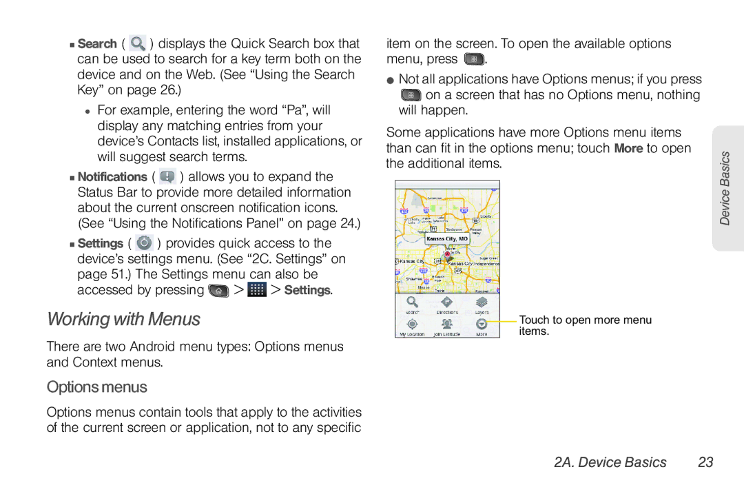 LG Electronics Optimus S manual Working with Menus, Options menus 