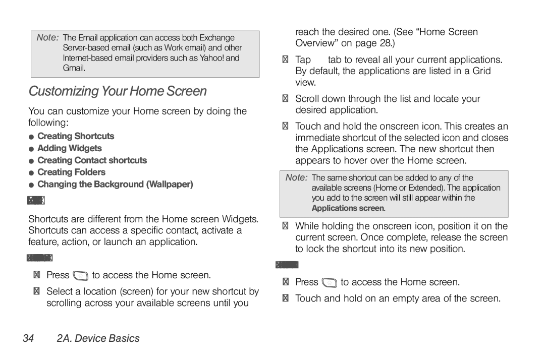 LG Electronics Optimus S Customizing Your Home Screen, Creating Shortcuts, To add a shortcut from the Application Tab 