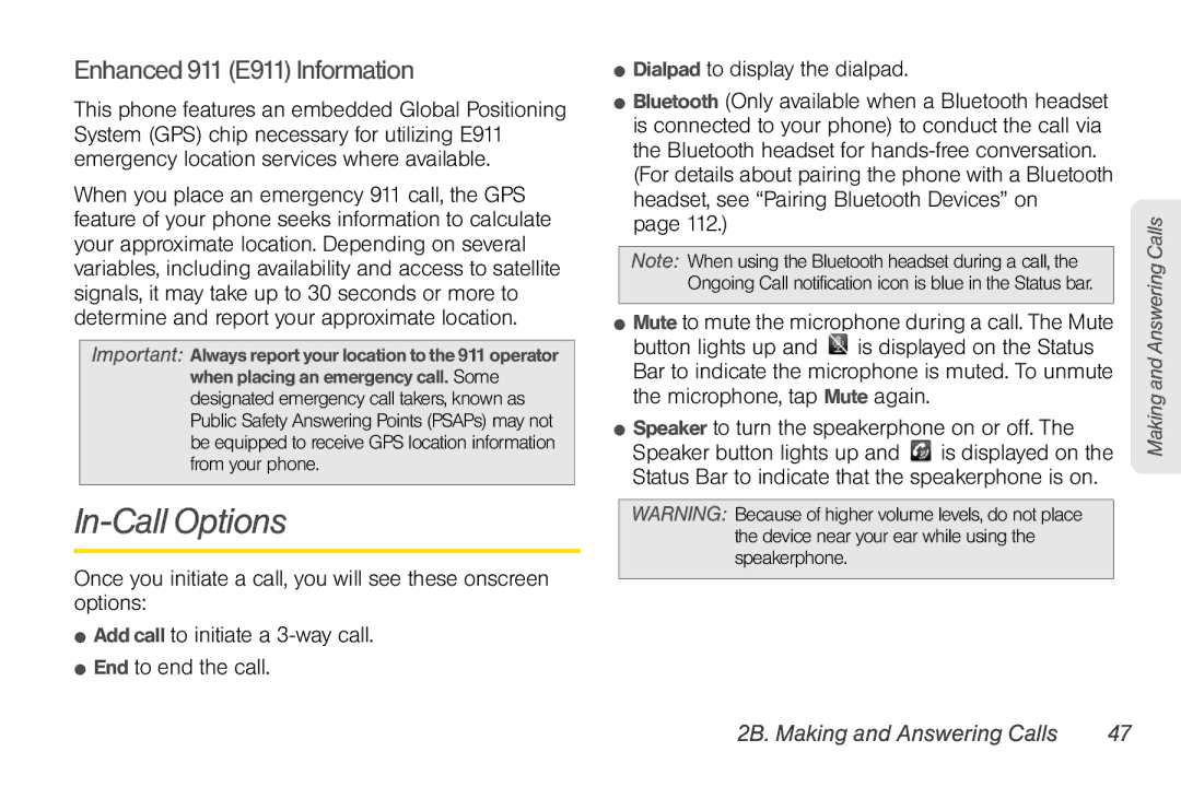 LG Electronics Optimus S manual In-Call Options, Enhanced 911 E911 Information 