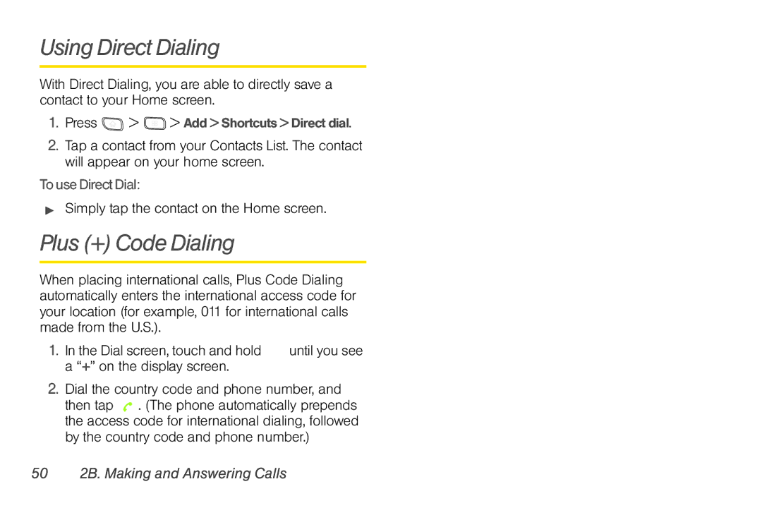 LG Electronics Optimus S Using Direct Dialing, Plus + Code Dialing, To use Direct Dial, 50 2B. Making and Answering Calls 