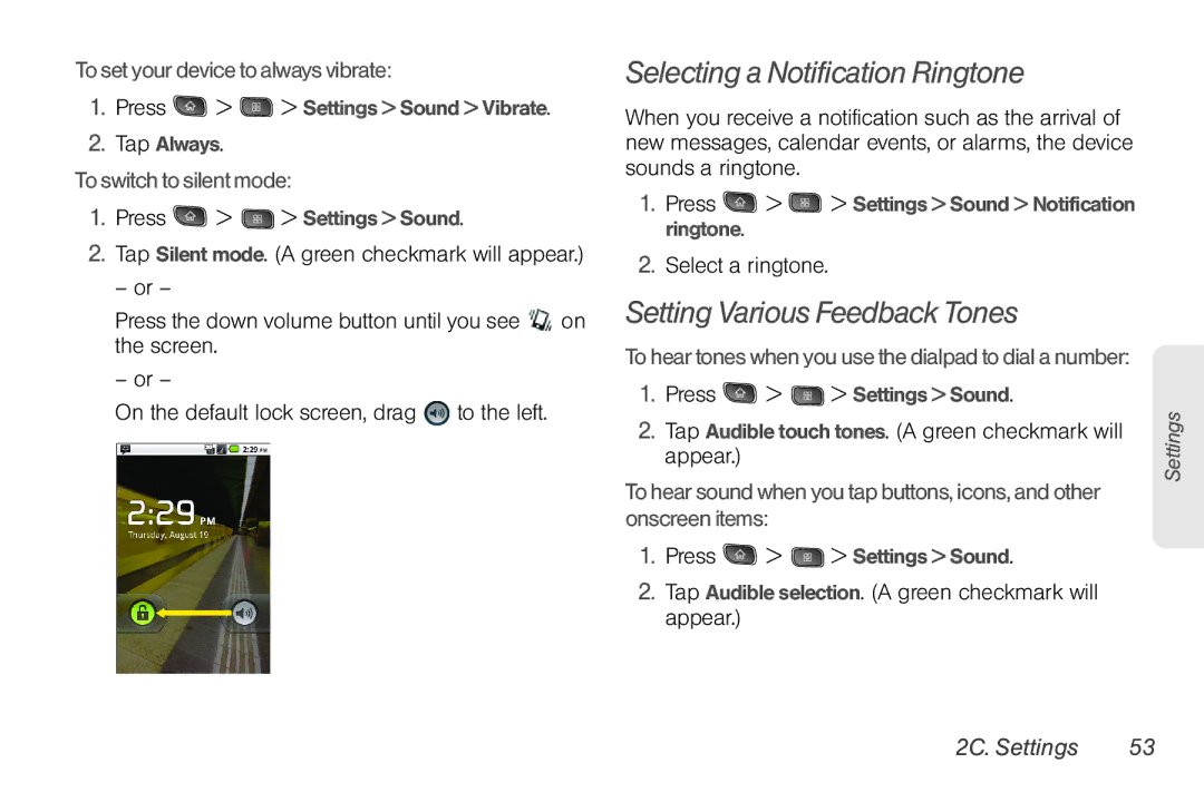 LG Electronics Optimus S Setting Various Feedback Tones, To set your device to always vibrate, To switch to silent mode 