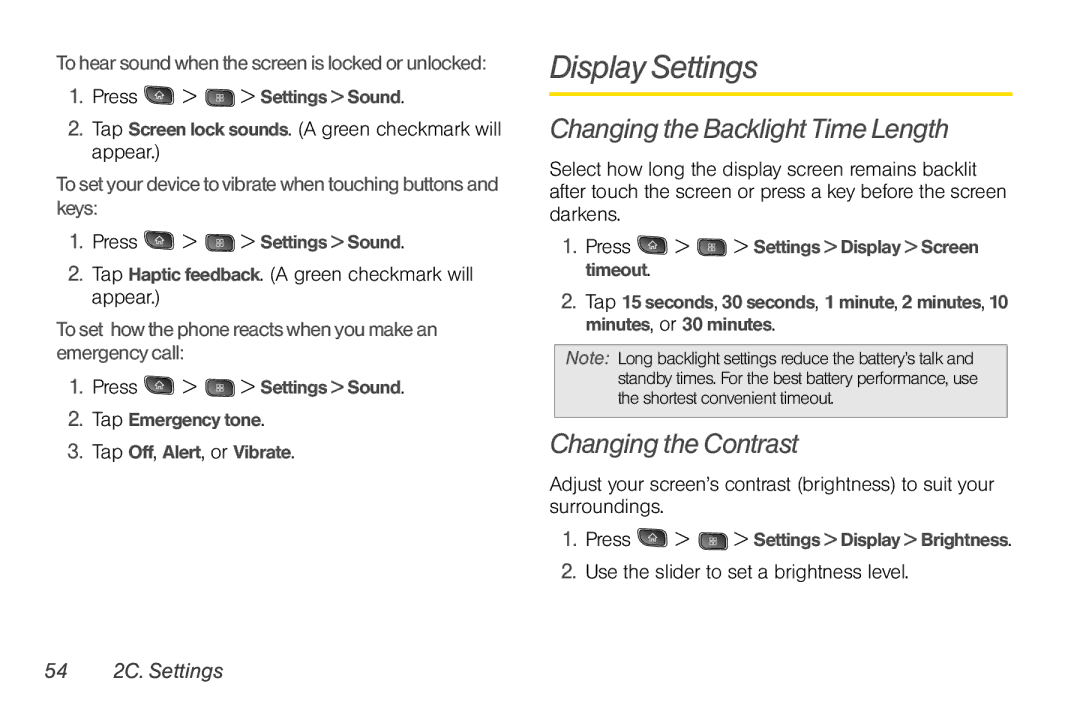 LG Electronics Optimus S Display Settings, Changing the Backlight Time Length, Changing the Contrast, 54 2C. Settings 