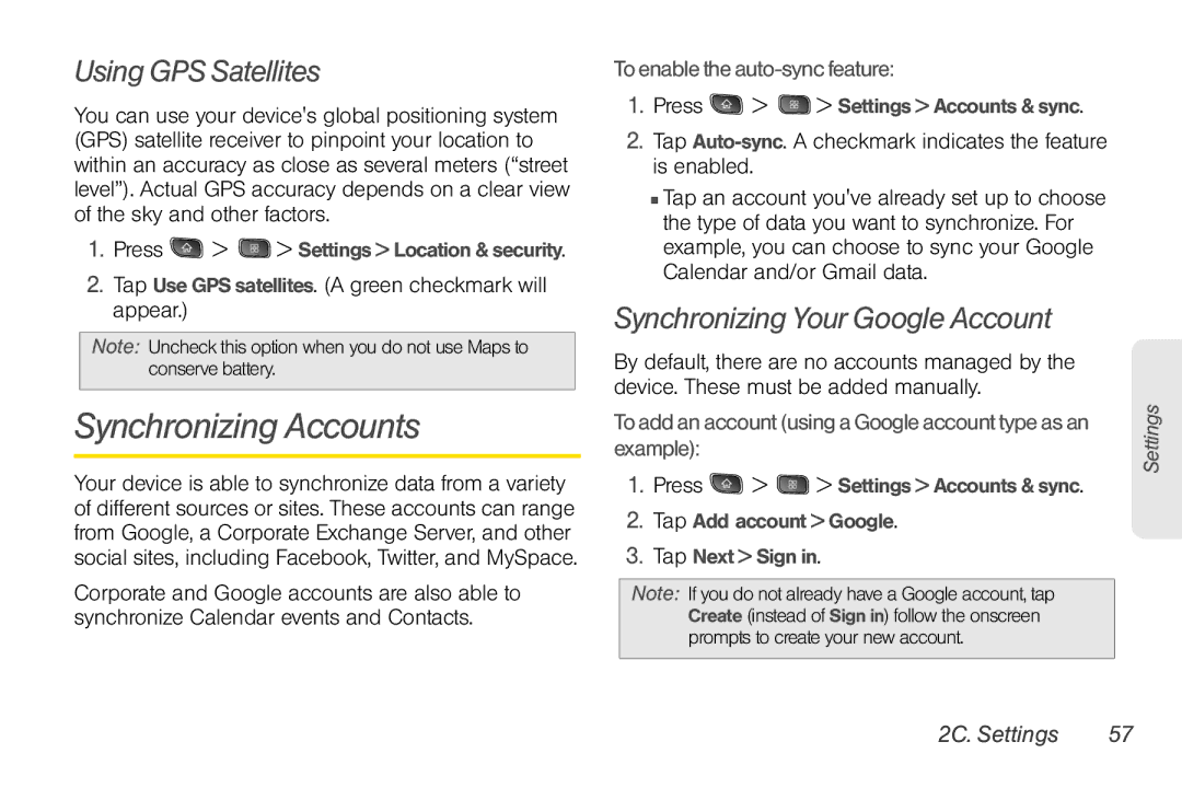 LG Electronics Optimus S manual Synchronizing Accounts, Using GPS Satellites, Synchronizing Your Google Account 