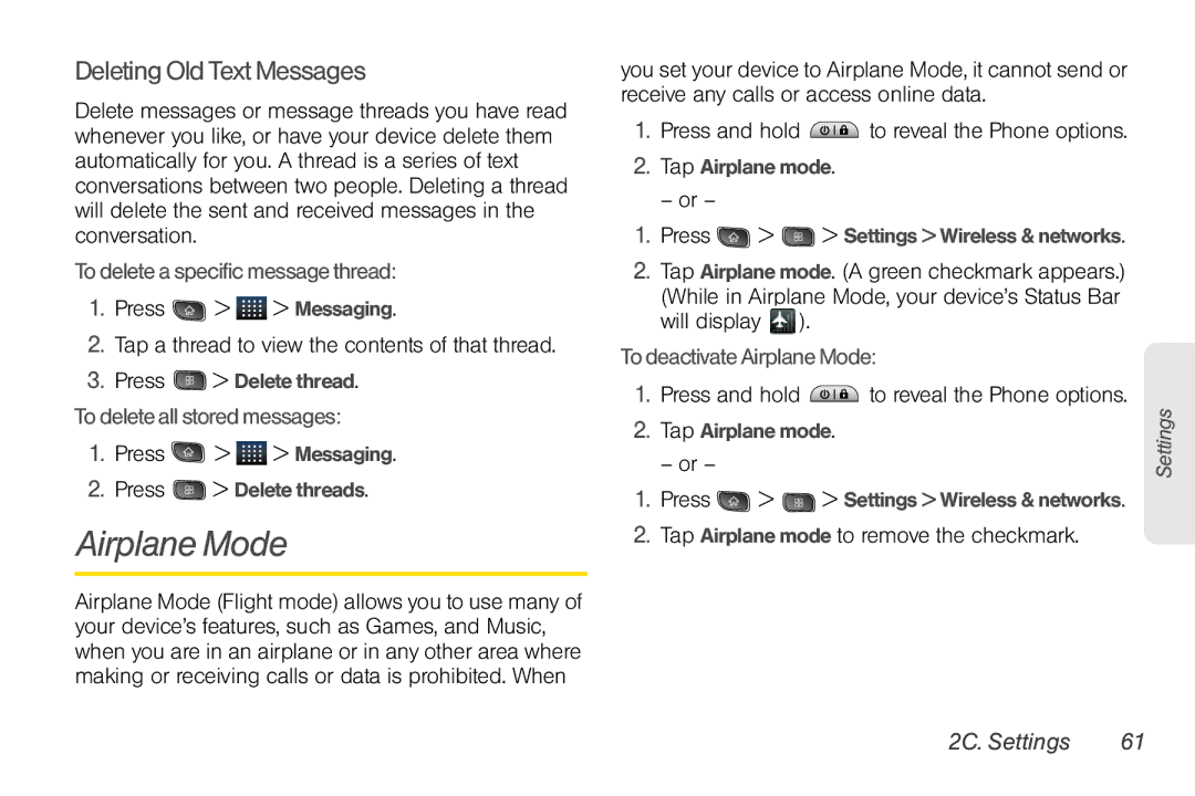 LG Electronics Optimus S manual Airplane Mode, Deleting Old Text Messages, To delete a specific message thread 