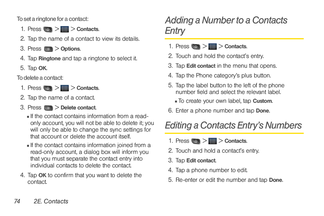 LG Electronics Optimus S Adding a Number to a Contacts Entry, Editing a Contacts Entry’s Numbers, To delete a contact 