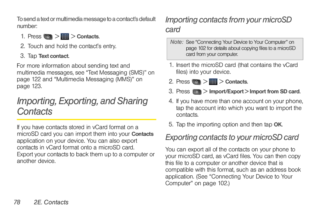 LG Electronics Optimus S manual Importing, Exporting, and Sharing Contacts, Importing contacts from your microSD card 