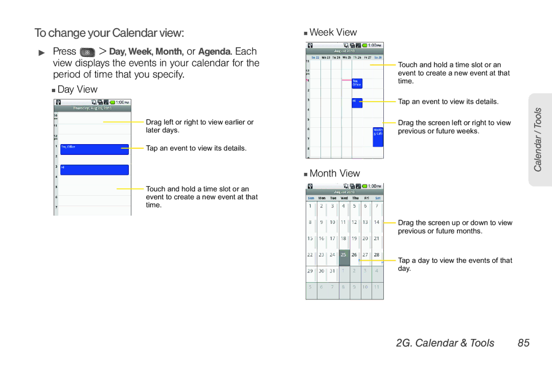 LG Electronics Optimus S manual To change your Calendar view,  Day View,  Week View,  Month View, 2G. Calendar & Tools 