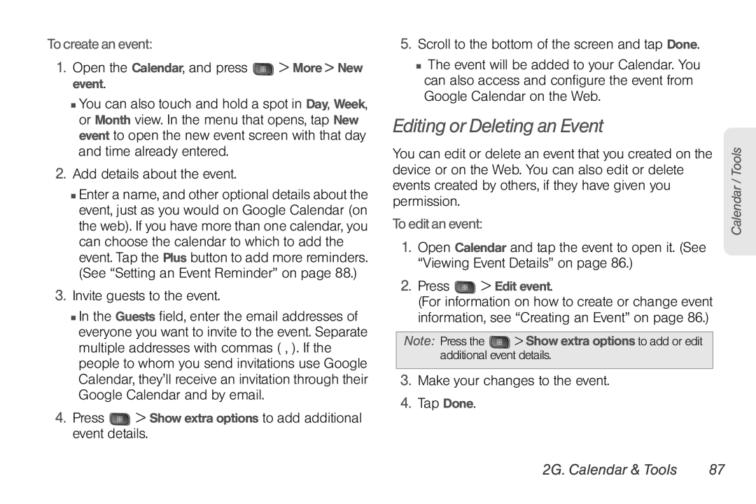 LG Electronics Optimus S manual Editing or Deleting an Event, To create an event, To edit an event, 2G. Calendar & Tools 