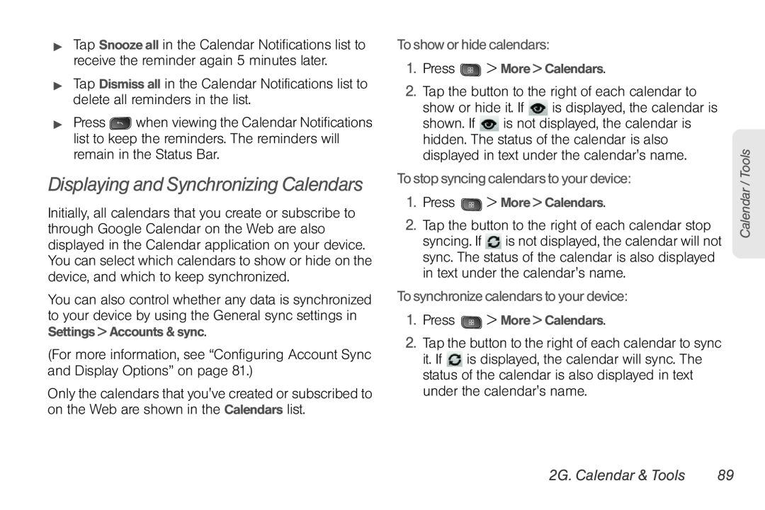 LG Electronics Optimus S manual Displaying and Synchronizing Calendars, To show or hide calendars, 2G. Calendar & Tools 