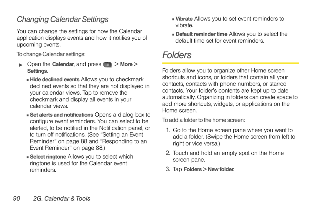 LG Electronics Optimus S manual Folders, Changing Calendar Settings, To change Calendar settings, 90 2G. Calendar & Tools 