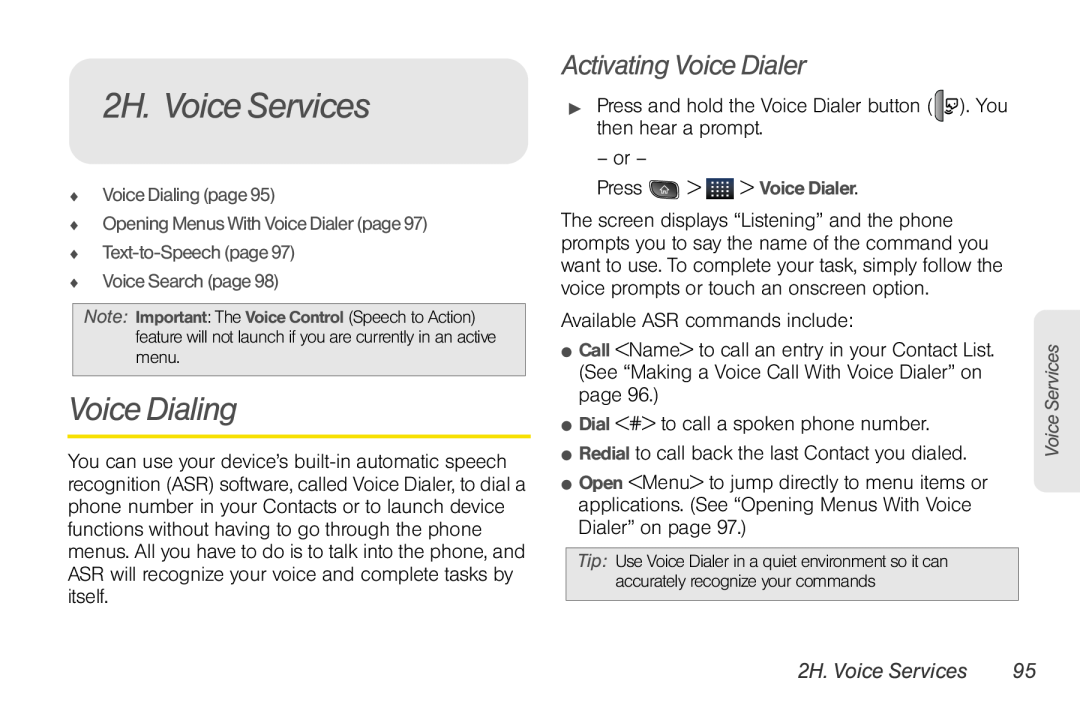 LG Electronics Optimus S manual 2H. Voice Services, Voice Dialing, Activating Voice Dialer 