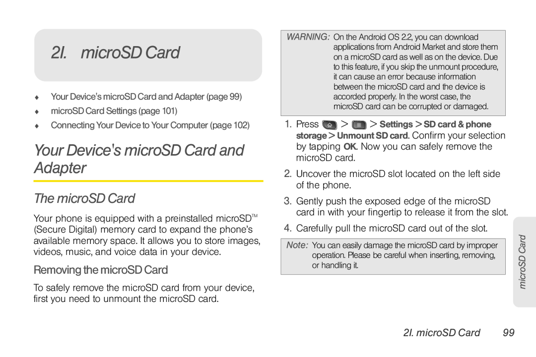 LG Electronics Optimus S manual 2I. microSD Card, Your Devices microSD Card and Adapter, The microSD Card 