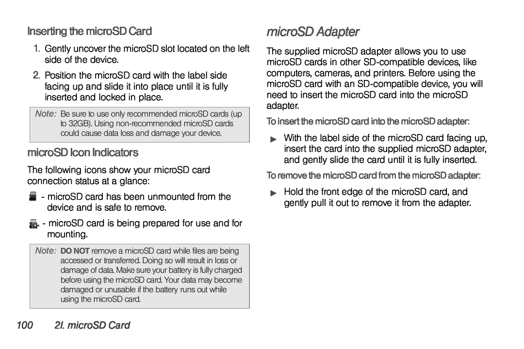 LG Electronics Optimus S manual microSD Adapter, Inserting the microSD Card, microSD Icon Indicators, 100 2I. microSD Card 