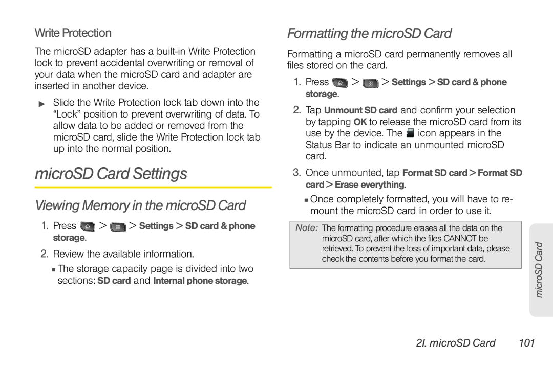 LG Electronics Optimus S manual microSD Card Settings, Viewing Memory in the microSD Card, Formatting the microSD Card 