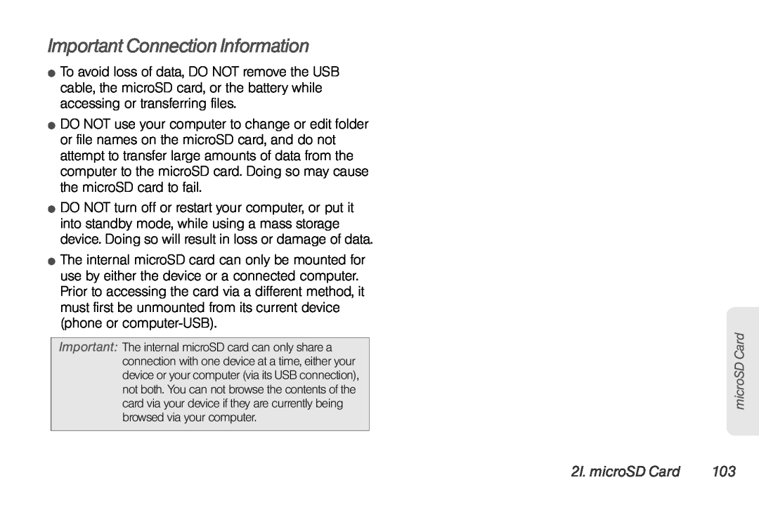 LG Electronics Optimus S manual Important Connection Information, 2I. microSD Card 