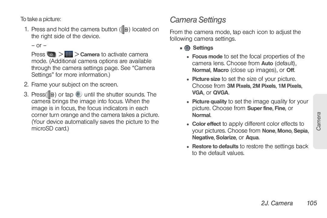 LG Electronics Optimus S manual Camera Settings, To take a picture, 2J. Camera 