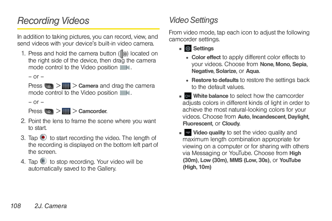 LG Electronics Optimus S manual Recording Videos, Video Settings, 108 2J. Camera 