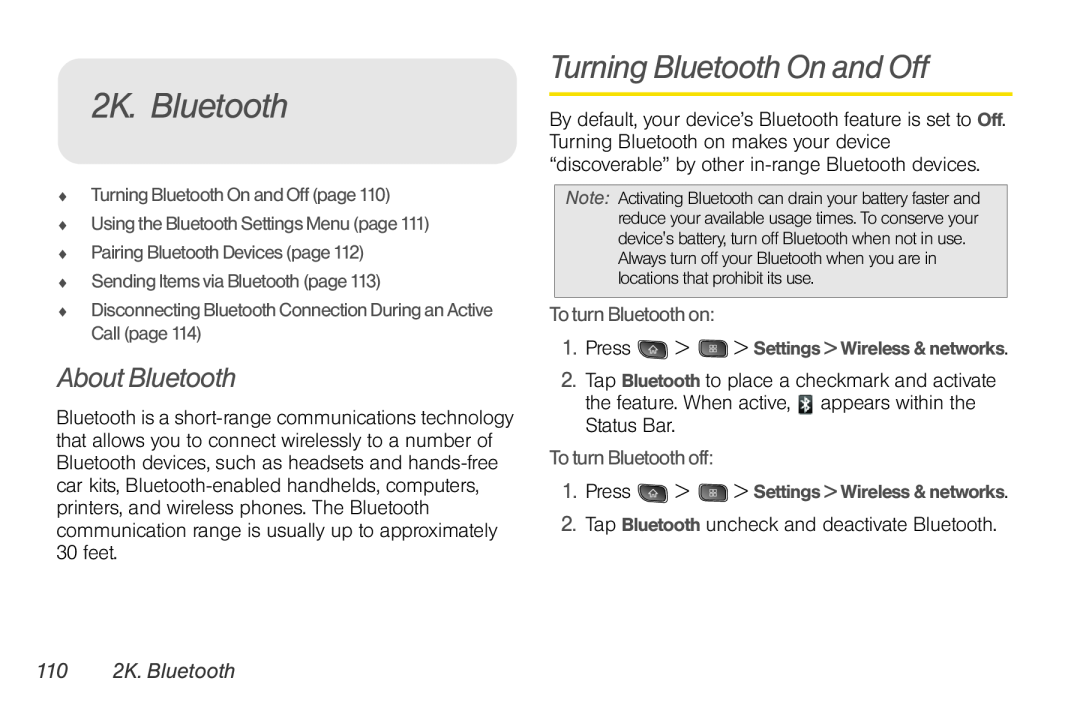 LG Electronics Optimus S manual 2K. Bluetooth, Turning Bluetooth On and Off, About Bluetooth, To turn Bluetooth on 