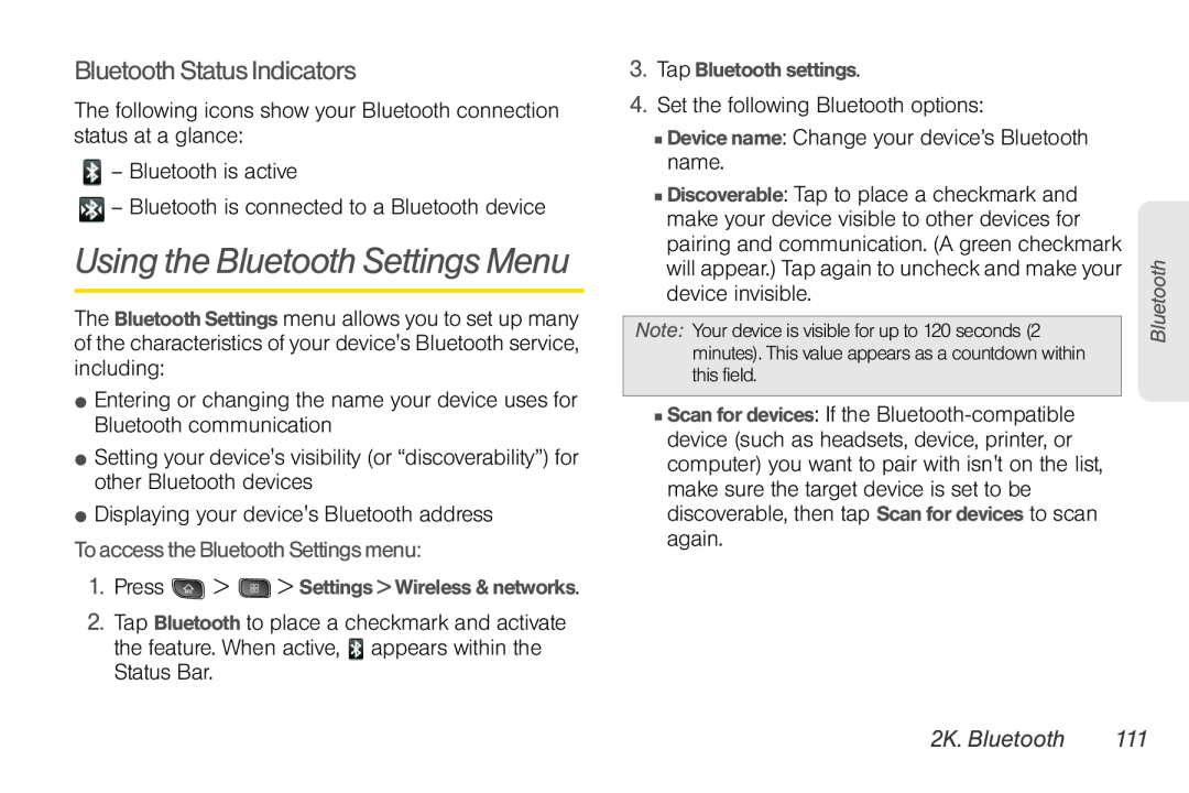 LG Electronics Optimus S manual Using the Bluetooth Settings Menu, Bluetooth Status Indicators, 2K. Bluetooth 