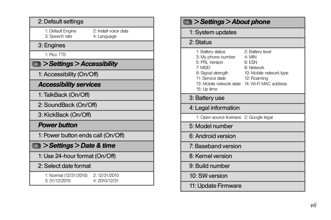 LG Electronics Optimus S manual Settings Accessibility, Accessibility services, Power button, Settings Date & time 