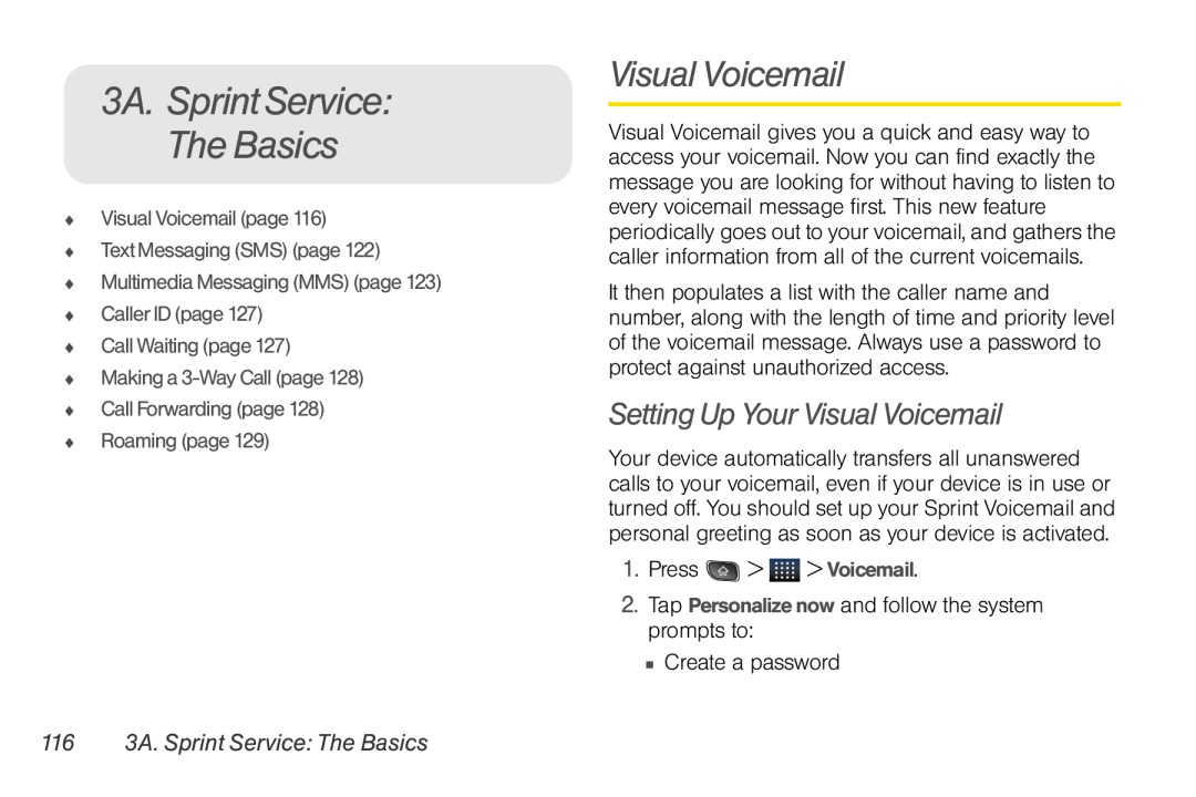 LG Electronics Optimus S manual 3A. SprintService The Basics, Setting Up Your Visual Voicemail 