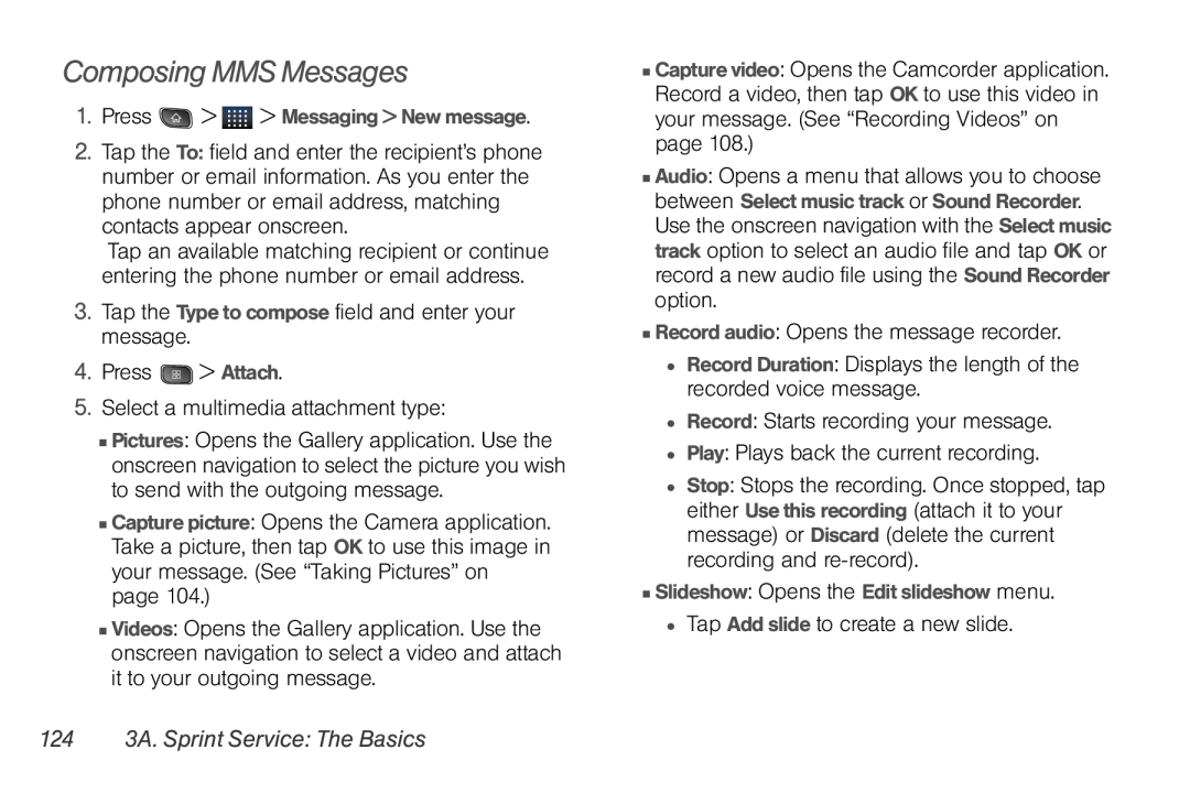 LG Electronics Optimus S manual Composing MMS Messages, 124 3A. Sprint Service The Basics 