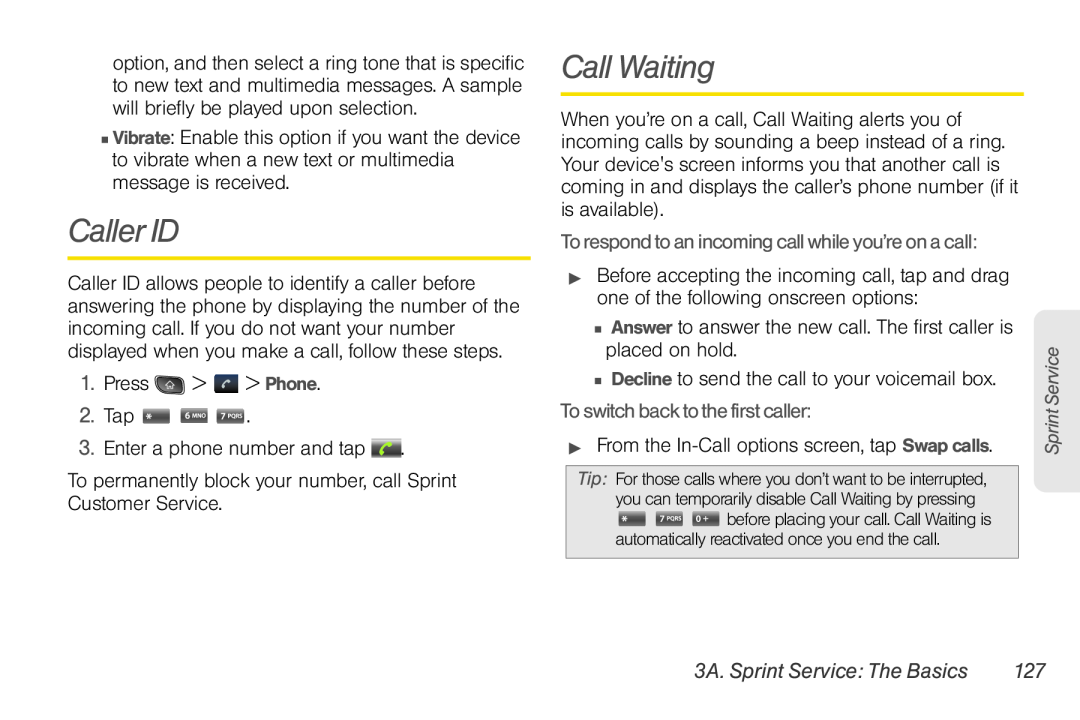 LG Electronics Optimus S manual Caller ID, Call Waiting, To respond to an incoming call while you’re on a call 