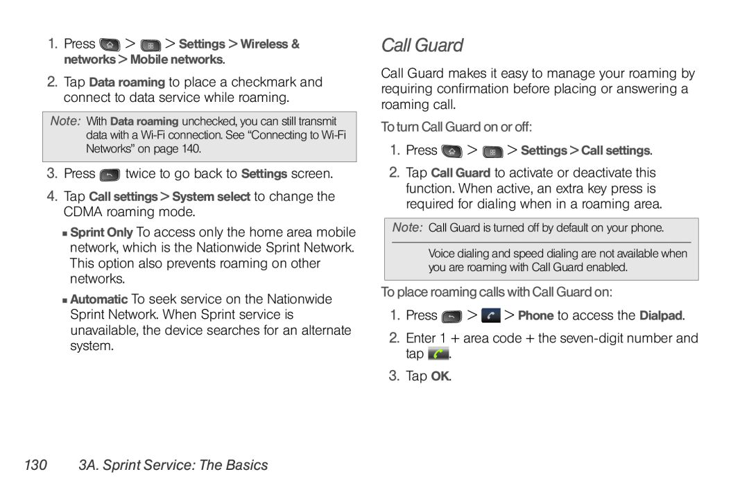 LG Electronics Optimus S manual 130 3A. Sprint Service The Basics, To turn Call Guard on or off 