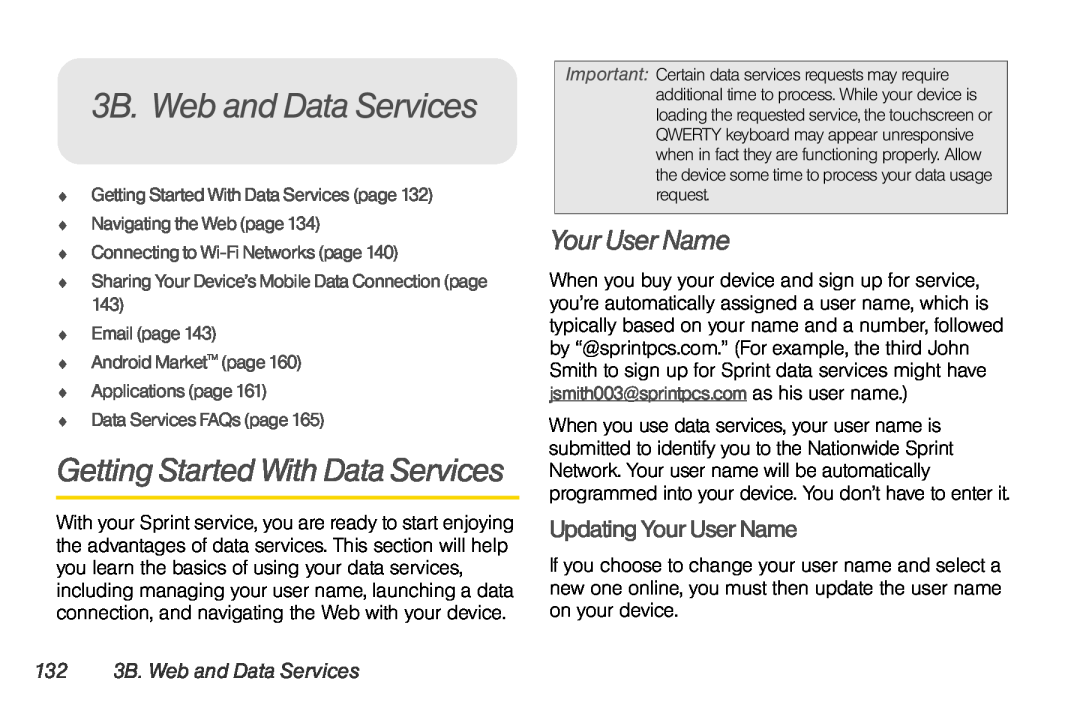LG Electronics Optimus S manual 3B. Web and Data Services, Getting Started With Data Services, Your User Name 
