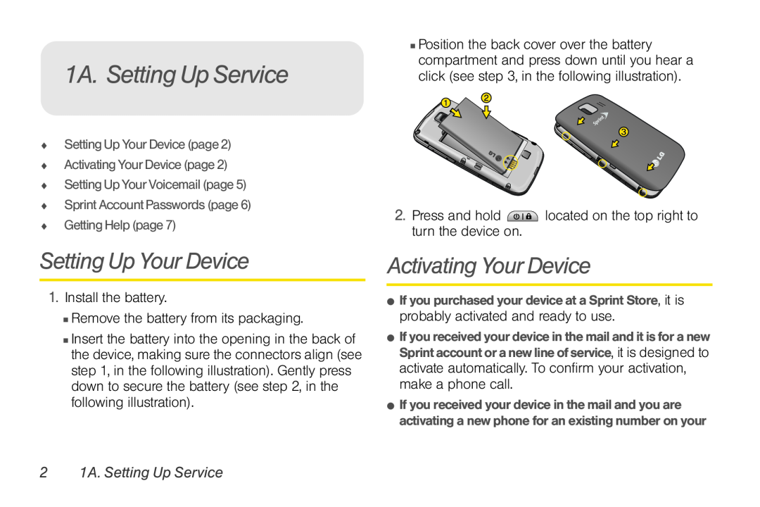 LG Electronics Optimus S manual Setting Up Your Device, Activating Your Device, 2 1A. Setting Up Service 