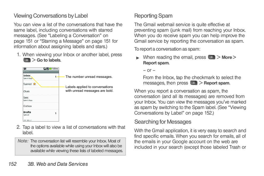 LG Electronics Optimus S manual Viewing Conversations by Label, Reporting Spam, Searching for Messages, Go to labels 