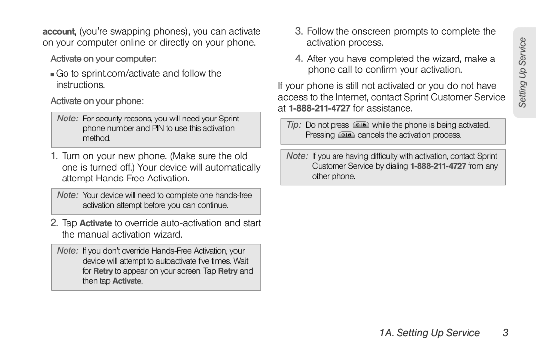 LG Electronics Optimus S manual Activate on your computer, Activate on your phone, 1A. Setting Up Service 