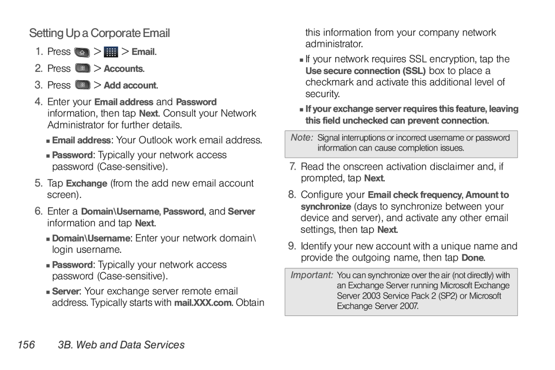 LG Electronics Optimus S manual Setting Up a Corporate Email, 156 3B. Web and Data Services 